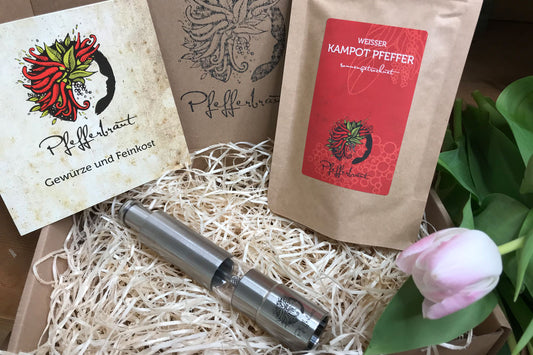Mühlen-Set mit weißem Kampot Pfeffer